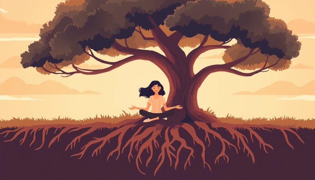2D illustration of a woman sitting peacefully under a rooted tree in golden light, representing building resilience