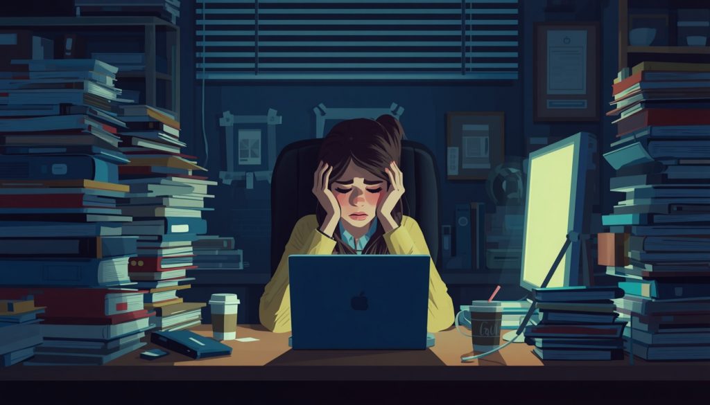 2D illustration of an exhausted woman overwhelmed at her desk, showing the cost of not saying no at work without guilt