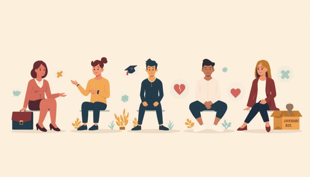 2D illustration of five people at different stages of building resilience after personal hardships