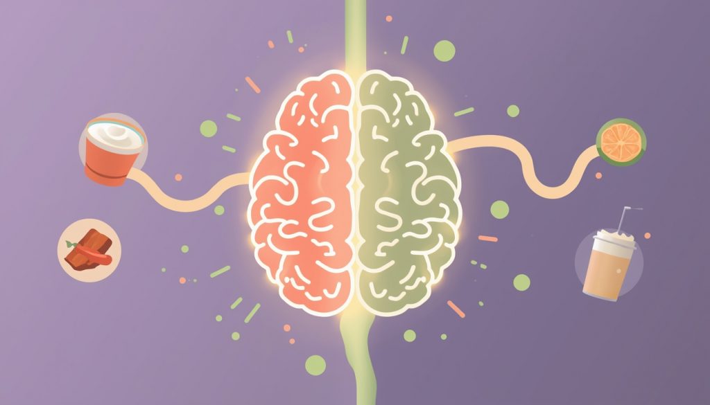 2D illustration of the gut-brain connection showing how fermented foods that support brain function influence mental clarity and mood