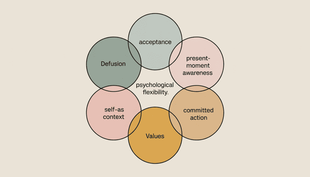 2D illustration of the six core processes of acceptance and commitment therapy arranged as a flower diagram showing psychological flexibility at the center