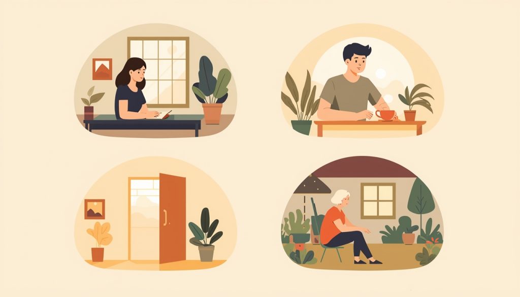 2D illustration showing four everyday real-life scenarios of how resilience develops — journaling, honest connection, stepping forward, and quiet reflection