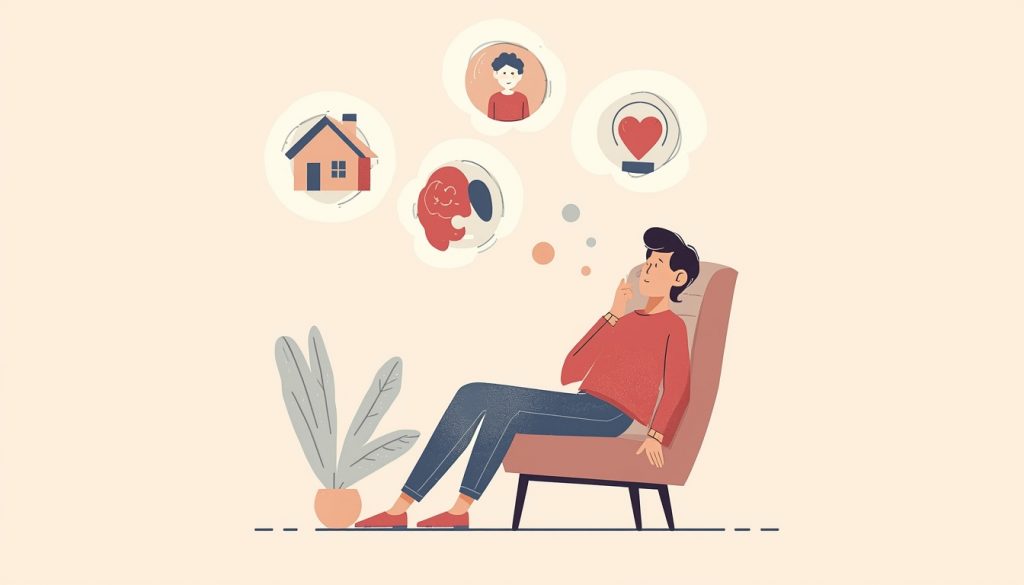 2D illustration showing the inner world explored in psychodynamic therapy, with a person reflecting on past memories and present emotions