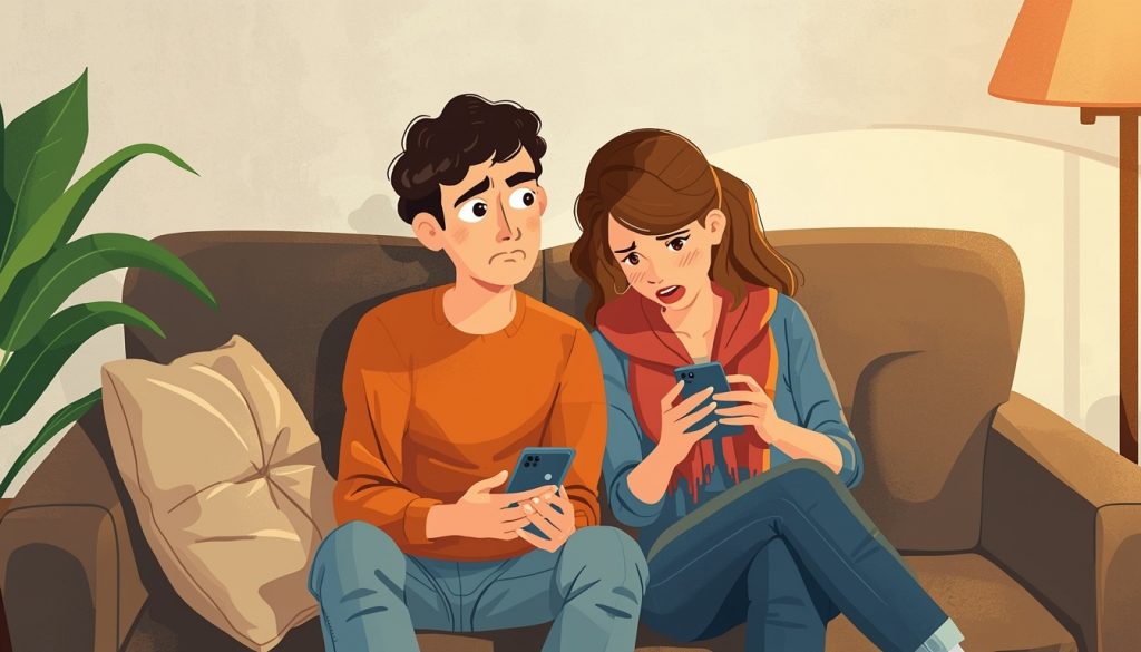 A 2D illustration of a couple where one partner practices active listening in relationships by putting away their phone and leaning in with full attention.