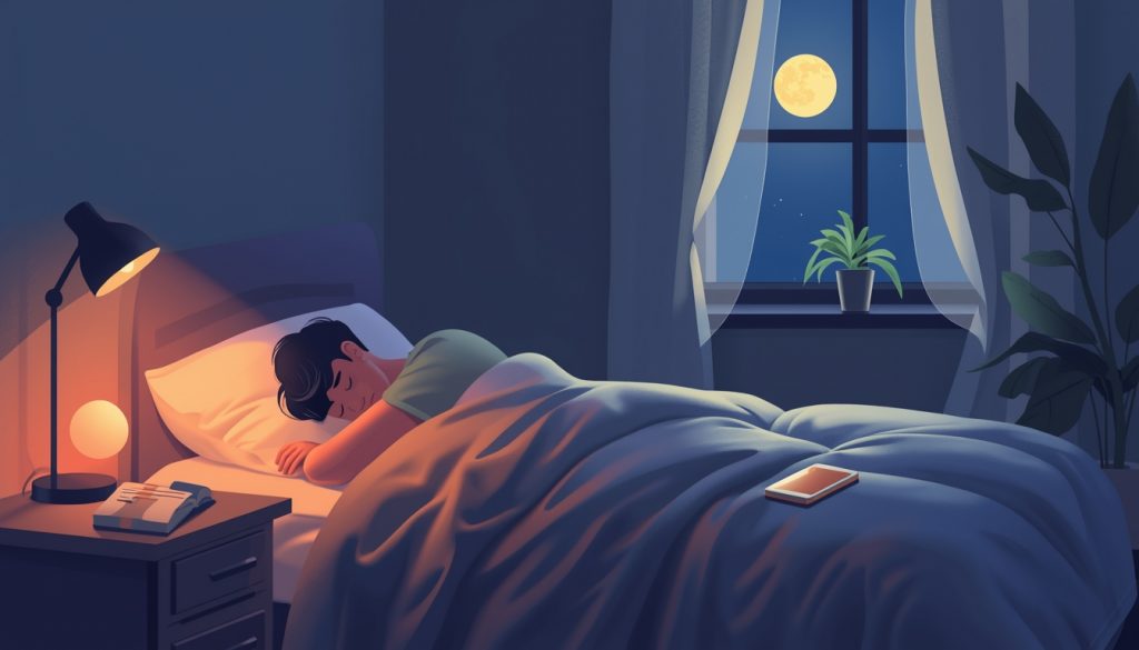 A 2D illustration of a cozy, screen-free bedroom at night representing healthy sleep habits and a calming bedtime routine for better mental clarity