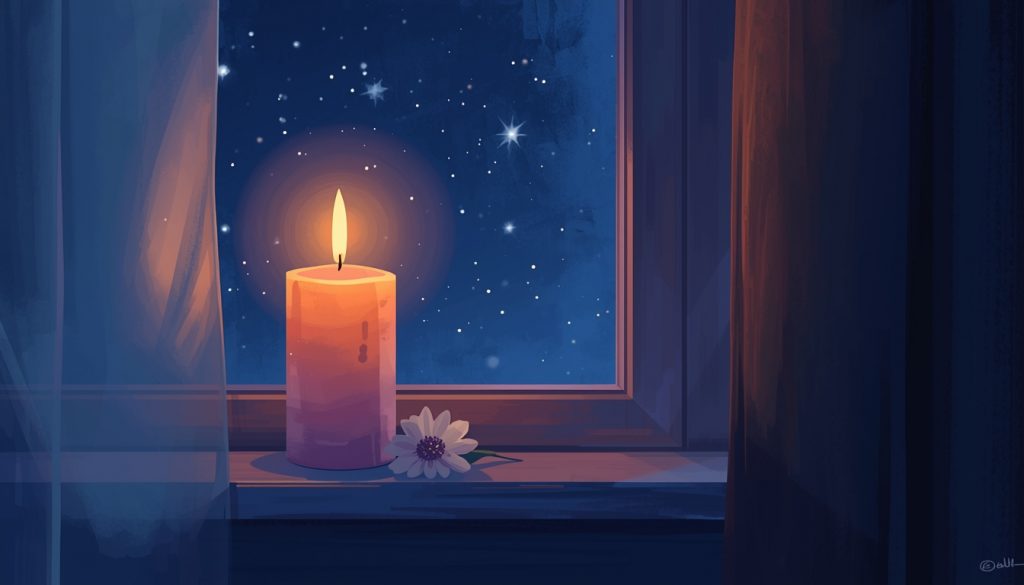 A 2D illustration of a glowing candle and flower on a windowsill at night, representing remembrance and healing while grieving the loss of a loved one