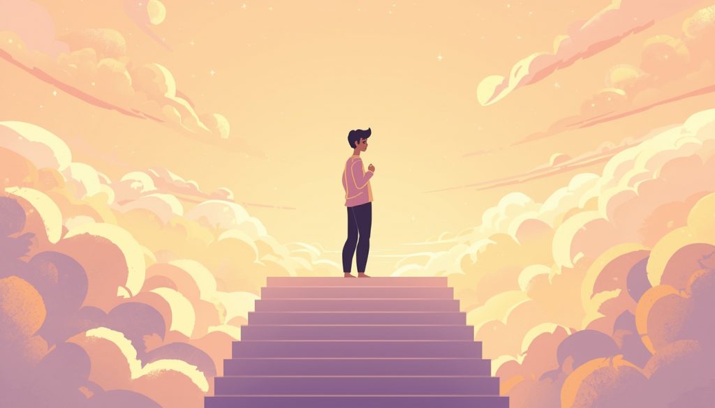 Illustration of a lone figure at the threshold of golden light — representing the near-death experiences existential shift and the transformation that follows.