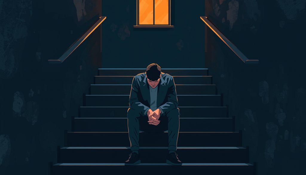 A 2D illustration of a man sitting alone in shadow with a warm light above, representing the impact of gender norms and mental health on men's emotional wellbeing
