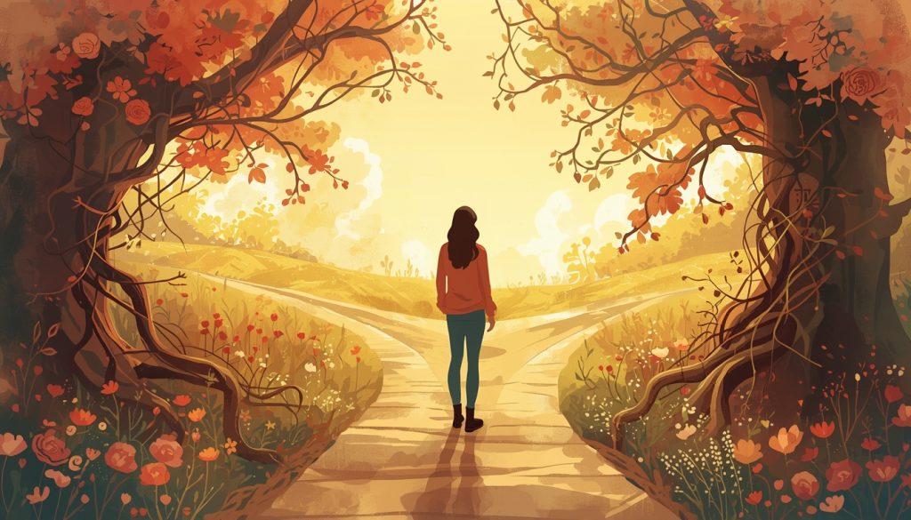 A 2D illustration of a person at a crossroads choosing between codependency and healthy interdependence, representing personal growth in relationships.