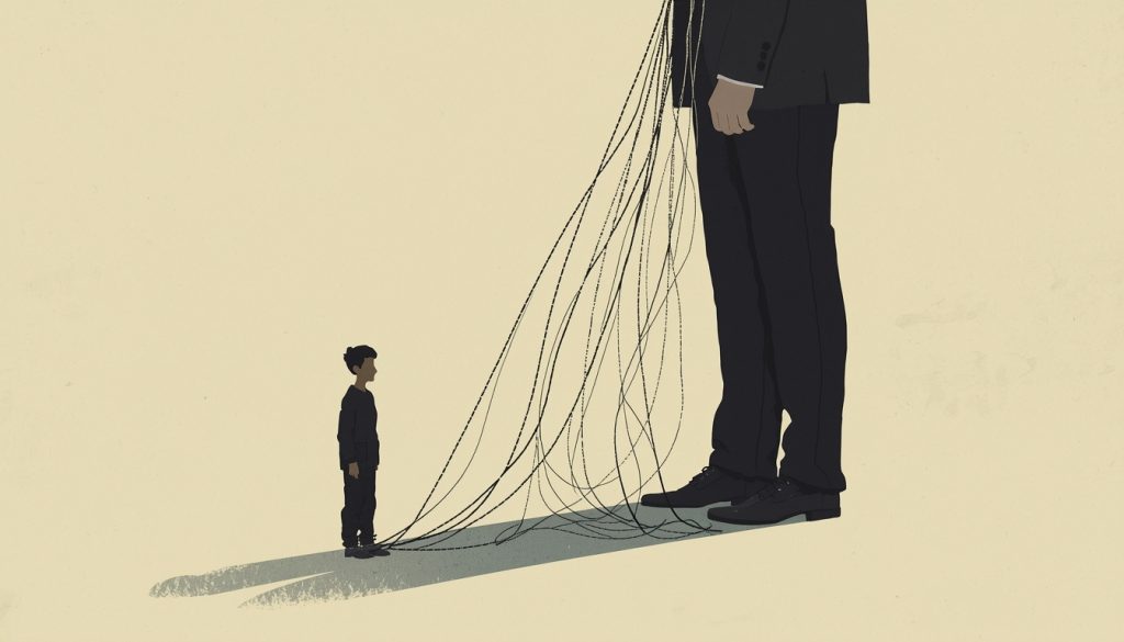 A 2D illustration of a person feeling small and emotionally enmeshed with their partner, representing codependency in relationships.