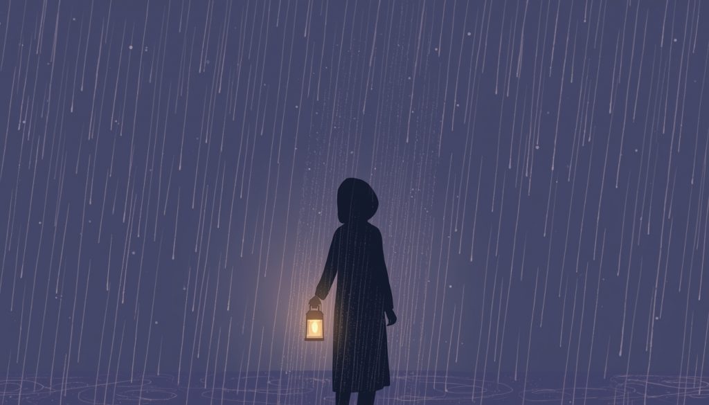 A 2D illustration of a person holding a lantern in the rain, representing the non-linear and cyclical nature of grief