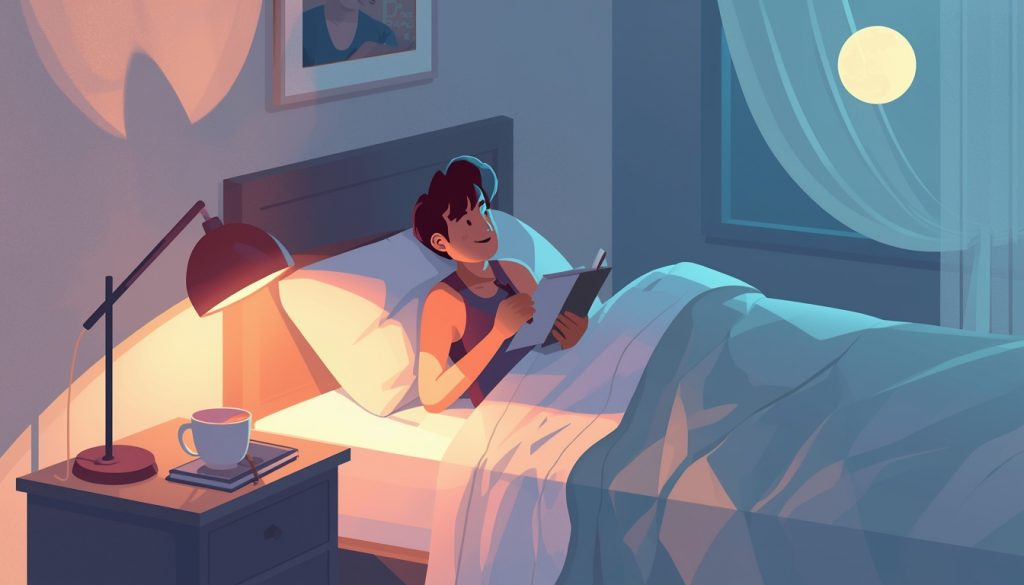 A 2D illustration of a person journaling in bed by lamplight as part of a calming nighttime routine to ease anxiety and racing thoughts