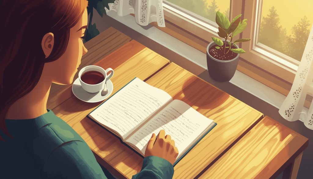 A 2D illustration of a person journaling in soft morning light, representing the healing journey connected to gender norms and mental health