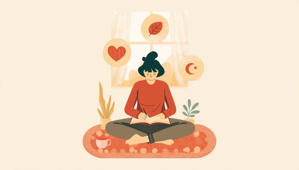 A 2D illustration of a person journaling near a window in morning light, representing self-care practices for processing grief