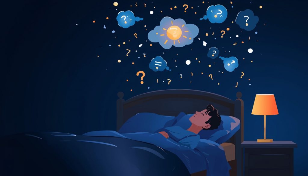 A 2D illustration of a person lying awake at night with glowing thought bubbles swirling above them, representing nighttime anxiety and racing thoughts