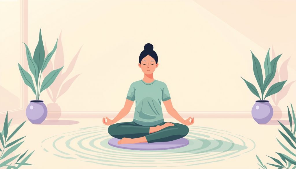 A 2D illustration of a person meditating peacefully to calm nighttime anxiety and quiet racing thoughts before sleep