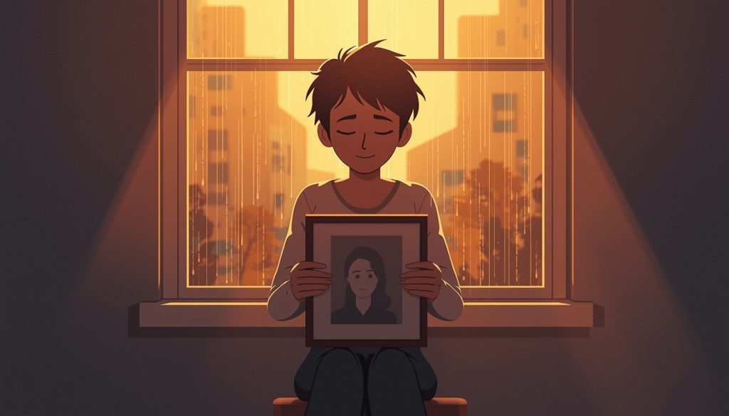 A 2D illustration of a person sitting alone by a window holding a framed photo, representing the emotional journey of grieving the loss of a loved one