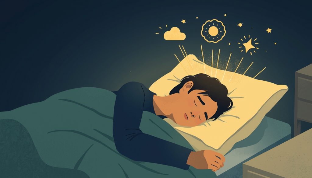 A 2D illustration of a person sleeping peacefully while their brain glows softly with symbols of clarity and restoration — representing how sleep impacts mental clarity