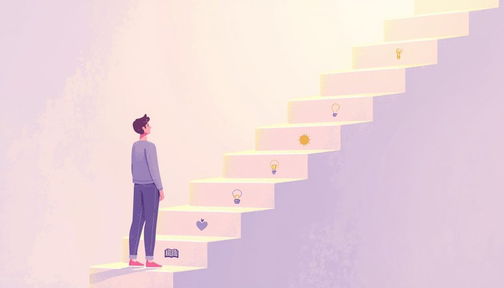 A 2D illustration of a person standing at the foot of a glowing staircase with growth symbols on each step, representing the ongoing journey of personal growth.