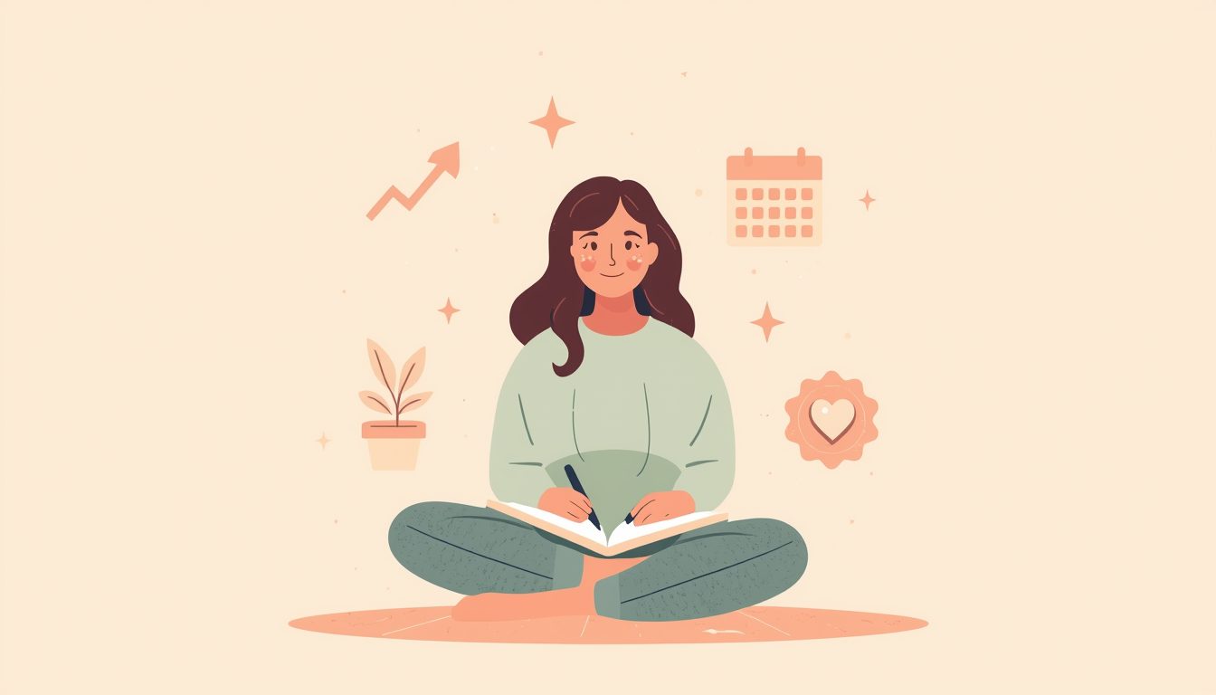 A 2D illustration of a young woman journaling on the floor surrounded by soft growth symbols, representing the practice of tracking personal growth progress.