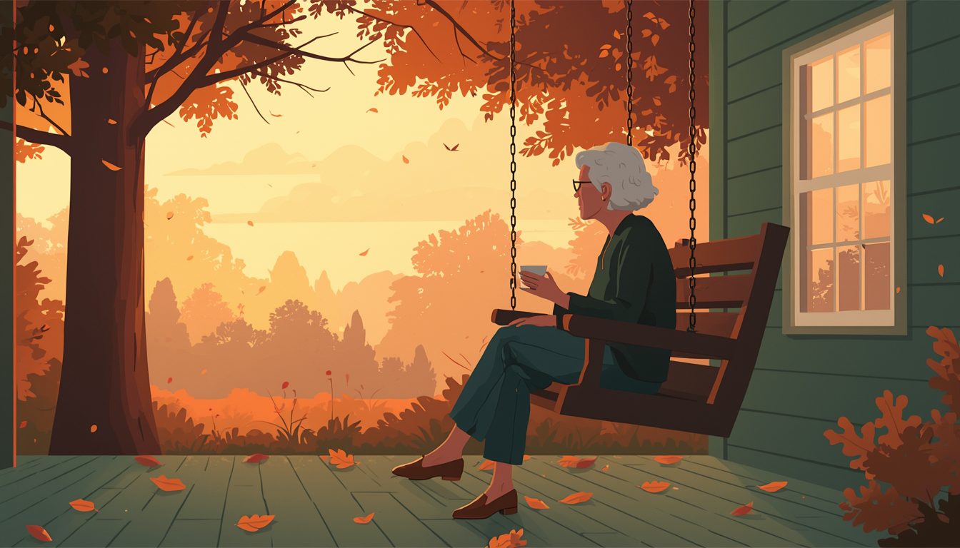 A 2D illustration of an older woman sitting alone on a porch swing at dusk with a cup of tea, representing the emotional journey of grief and aging