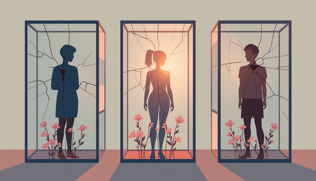 A 2D illustration of three silhouetted figures in cracking glass boxes with flowers breaking through, representing how gender norms and mental health are connected