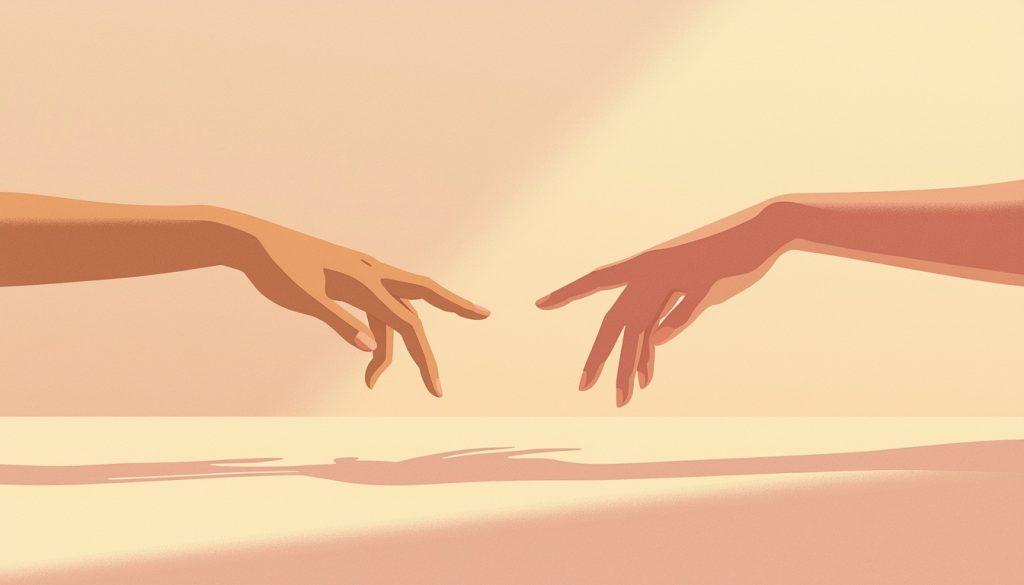 A 2D illustration of two hands reaching toward each other, symbolizing the emotional connection built through active listening in relationships.