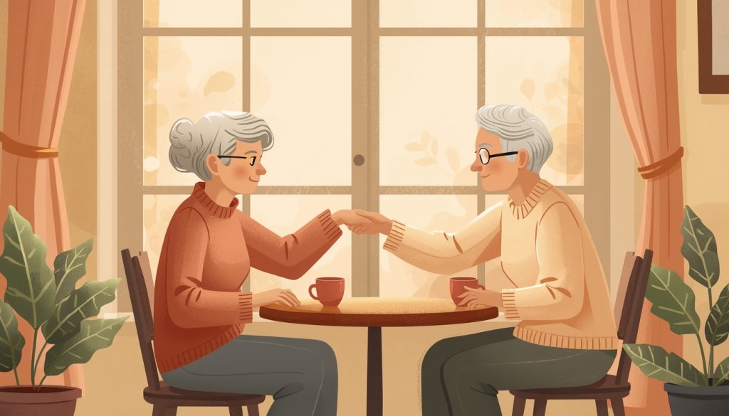 A 2D illustration of two older adults sharing a moment of connection and comfort over tea, representing the importance of community during grief and aging