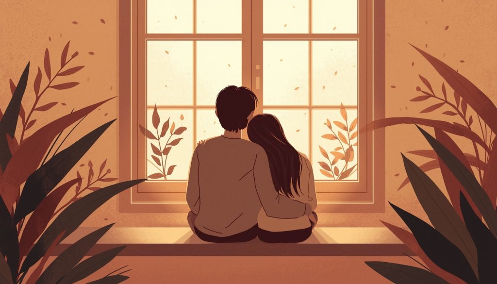 A 2D illustration of two people sitting together by a window, representing healthy interdependence and emotional closeness without codependency.
