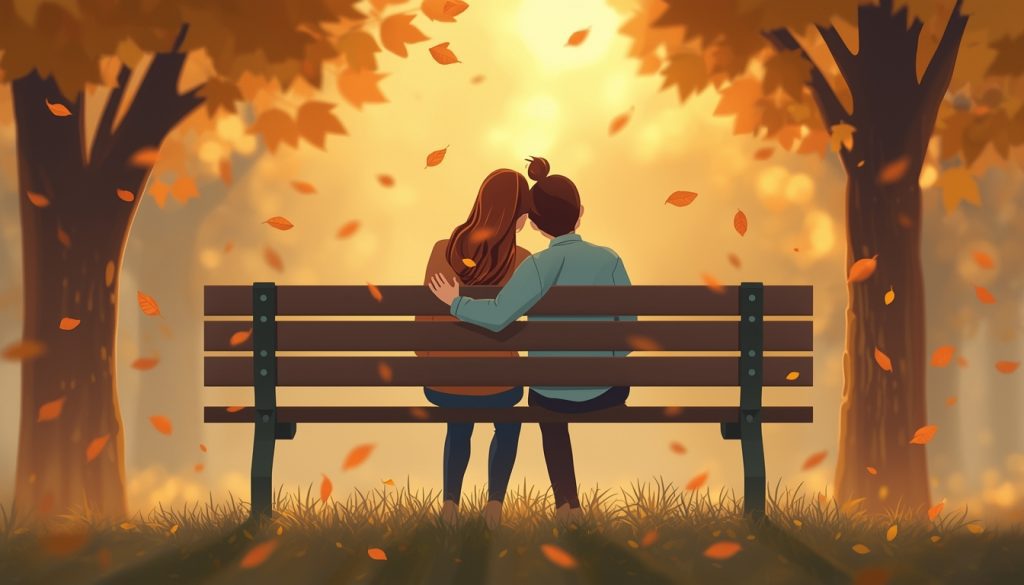A 2D illustration of two people sitting together on a bench in autumn, representing comfort and connection while grieving the loss of a loved one