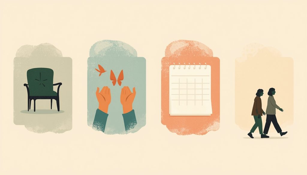 A 2D illustration showing four symbolic panels representing different types of loss in later life — grief and aging