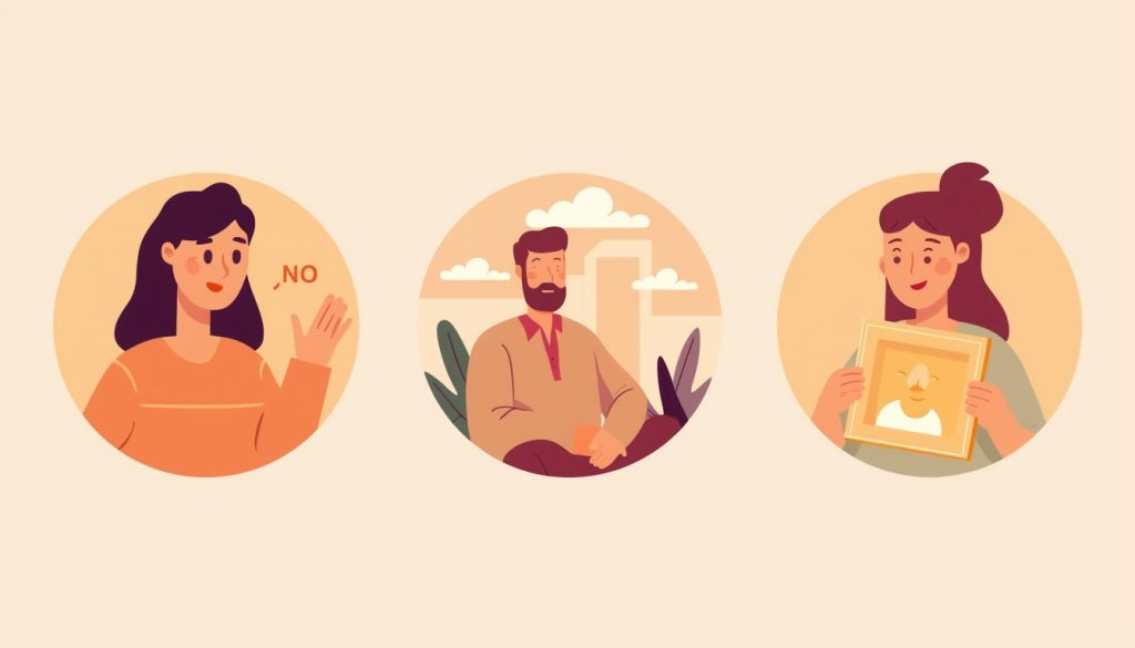 A 2D illustration showing three relatable personal growth scenarios: setting boundaries, emotional regulation, and healing from grief.