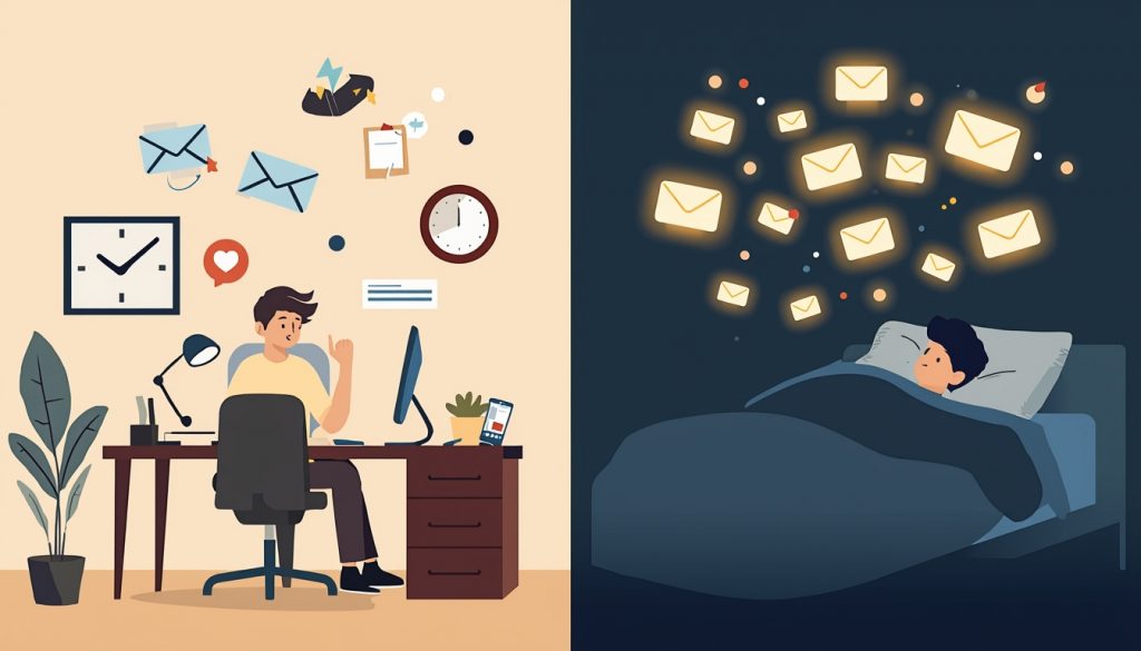 A 2D split illustration showing a busy daytime brain versus an overwhelmed nighttime mind, representing why anxiety gets worse at night