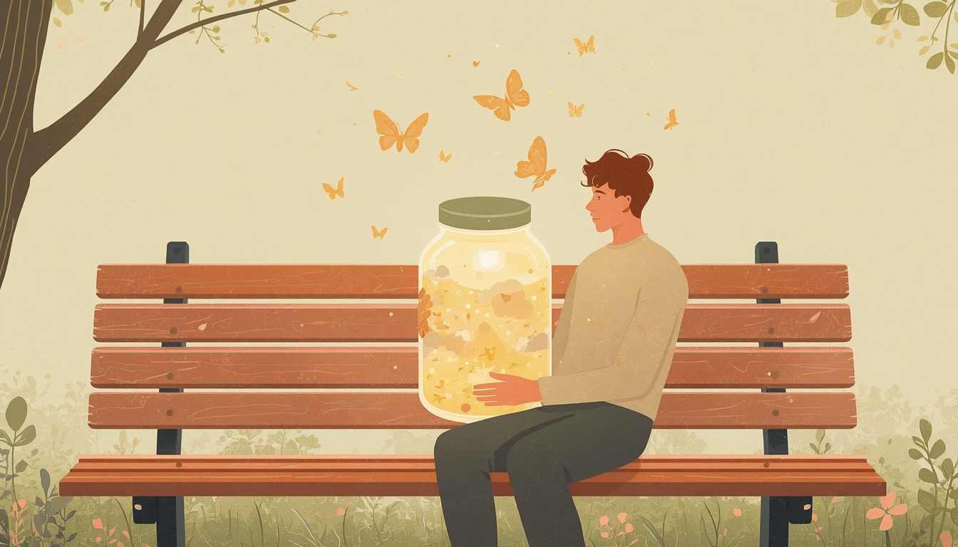 2D illustration representing acceptance and commitment therapy, a person calmly holding a jar of glowing thoughts and emotions on a peaceful park bench