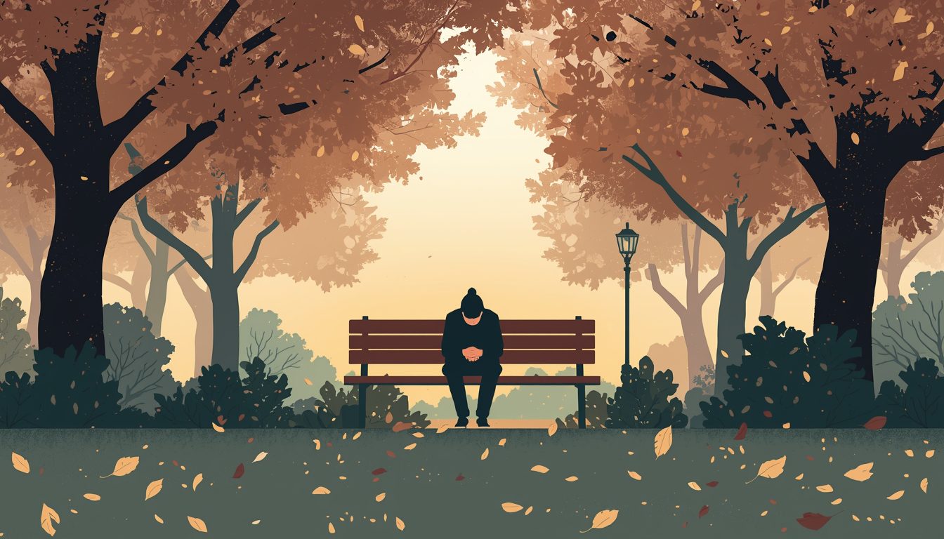 A 2D illustration of a person sitting alone on a bench at dusk surrounded by fallen leaves, representing the emotional journey of grief and healing
