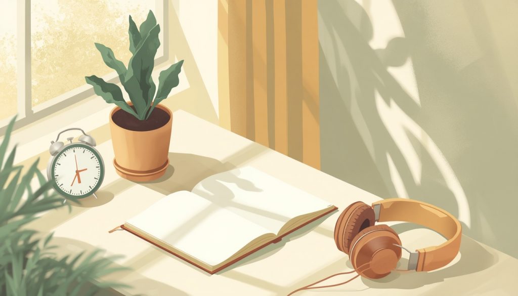 2D illustration of a calm, intentional workspace set up to support deep focus habits with minimal distractions and warm morning light