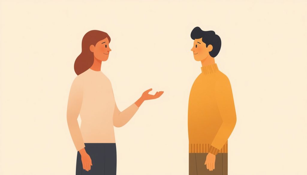 2D illustration of a couple practicing how to express needs without blame using calm communication