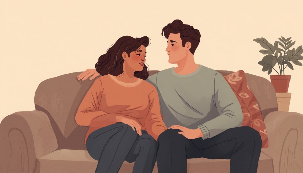 2D illustration of a couple using nonviolent communication during a heartfelt conversation at home