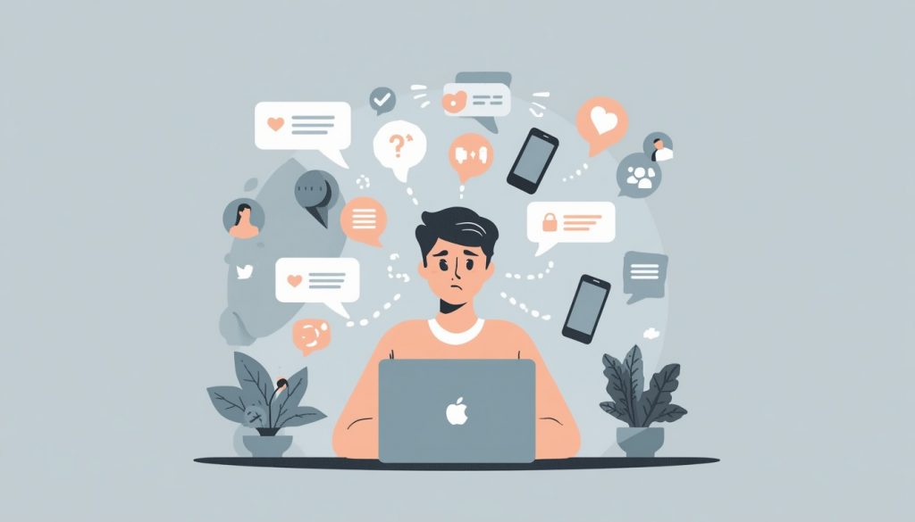 2D illustration of a distracted person surrounded by digital notifications — representing why building deep focus habits is so hard in today's world