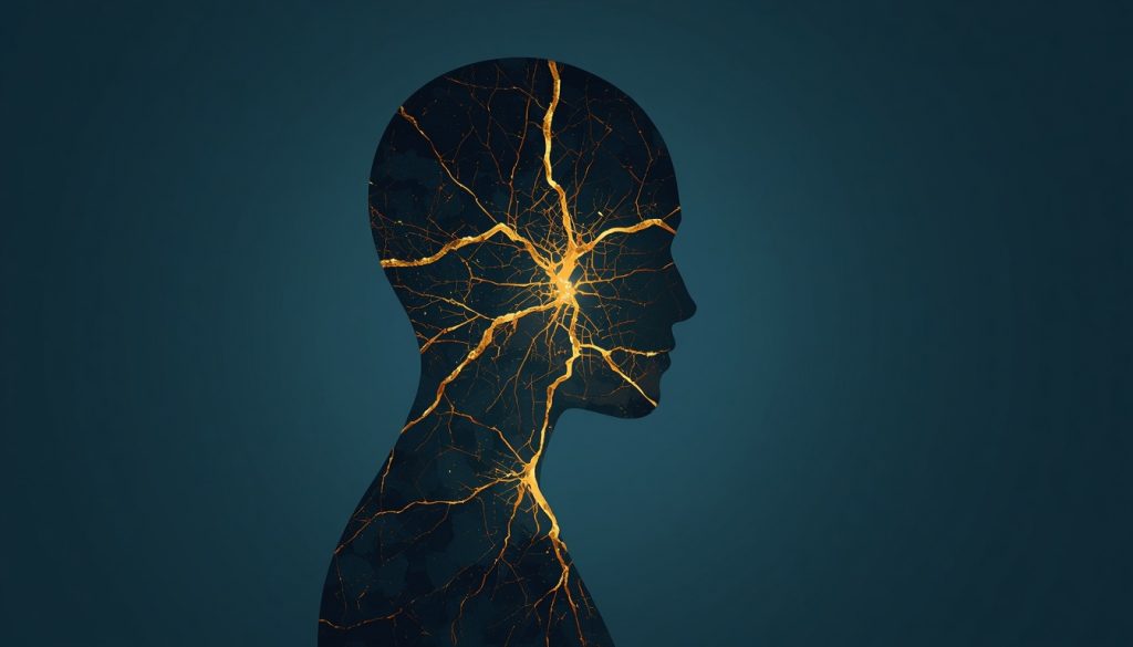 2D illustration of a glowing kintsugi-inspired human figure showing how adversity builds strength through healing