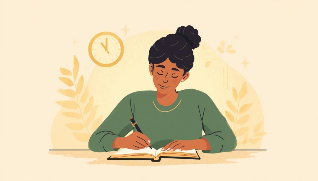 2D illustration of a person in a state of calm, absorbed concentration at their desk — representing the feeling of successfully building deep focus habits