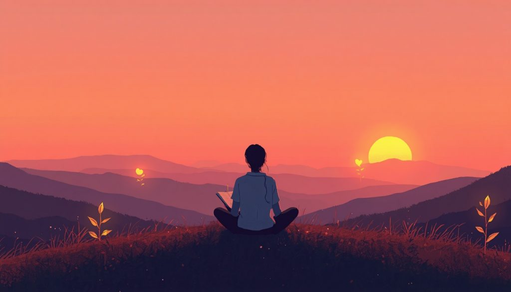 2D illustration of a person journaling at sunrise surrounded by growth symbols representing how adversity builds strength through reflection