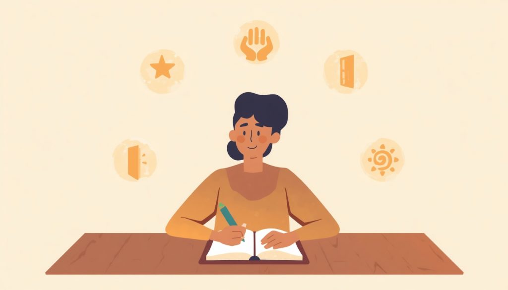 2D illustration of a person journaling surrounded by symbols representing the five areas of post-traumatic growth