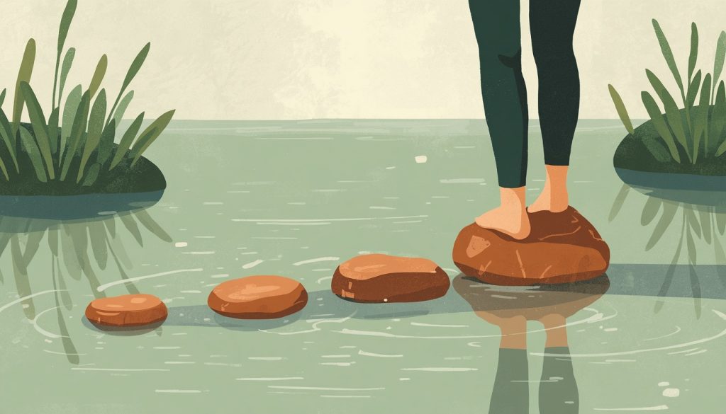2D illustration of a person placing stepping stones across a stream, representing the step-by-step process of bouncing back from failure