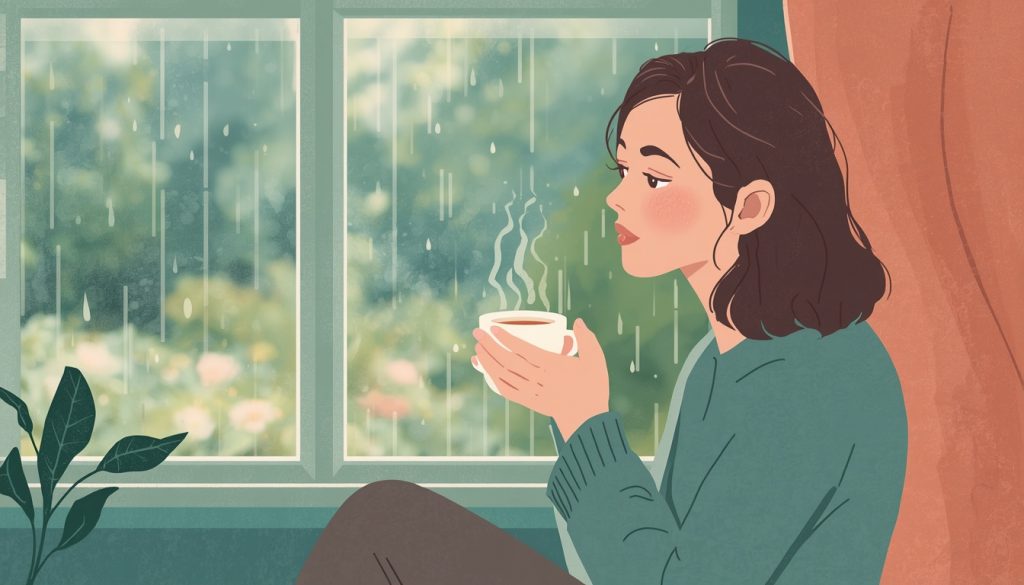 2D illustration of a person sitting alone by a rainy window grieving a relationship, holding a cup of tea with a quiet, reflective expression
