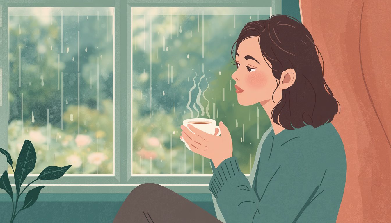 2D illustration of a person sitting alone by a rainy window grieving a relationship, holding a cup of tea with a quiet, reflective expression