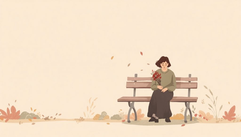 2D illustration of a person sitting alone on a park bench holding wilted flowers, representing the quiet pain of disenfranchised grief