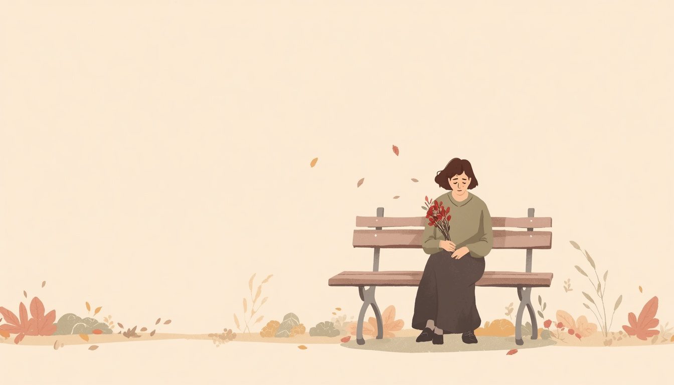 2D illustration of a person sitting alone on a park bench holding wilted flowers, representing the quiet pain of disenfranchised grief