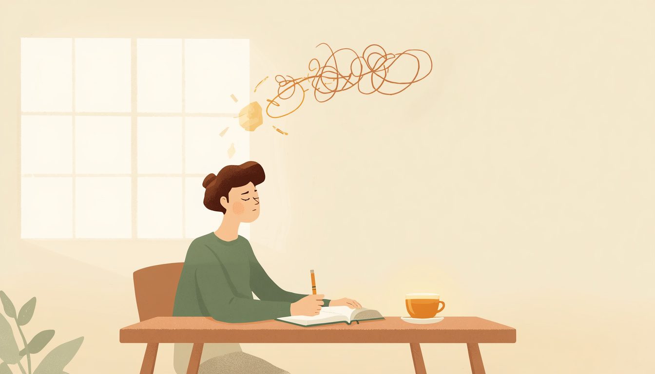 2D illustration of a person sitting at a calm sunlit desk with eyes closed, building deep focus habits as scattered thought lines transform into a single clear path