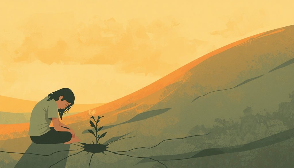 2D illustration of a person sitting at the base of a hill with a flower blooming from cracked ground, representing bouncing back from failure